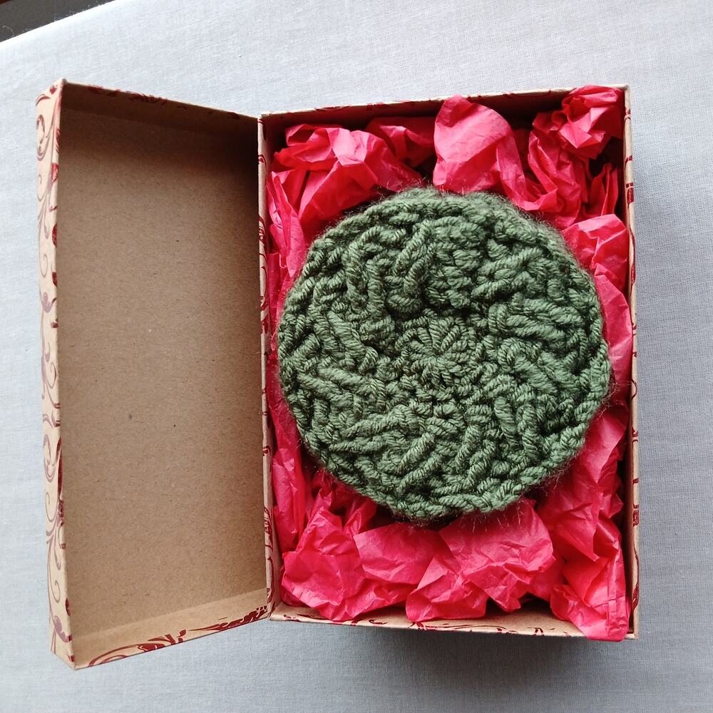 Handmade Green Crochet Coasters Set of 6 round pinwheel 4" cable stitch decor